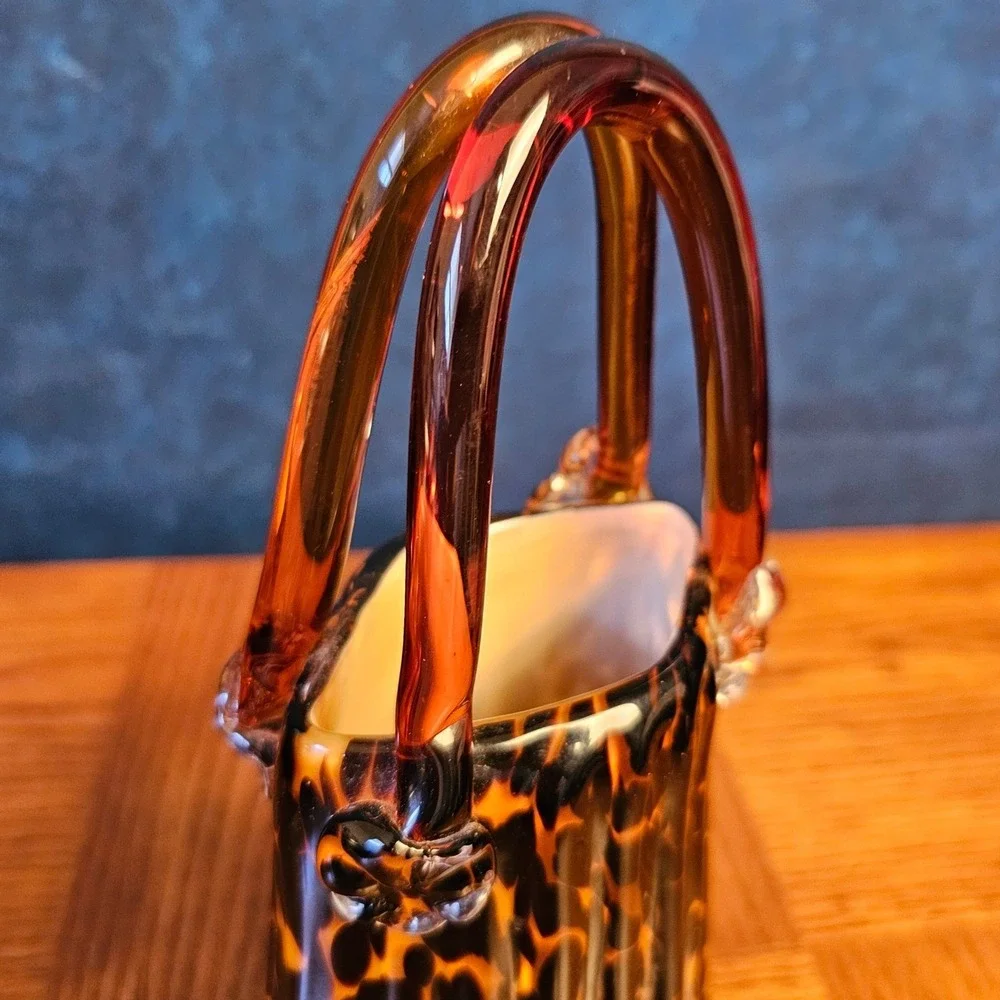 Vintage Art Glass Tortoiseshell Purse Vase Amber Brown Leopard Print Hand Blown